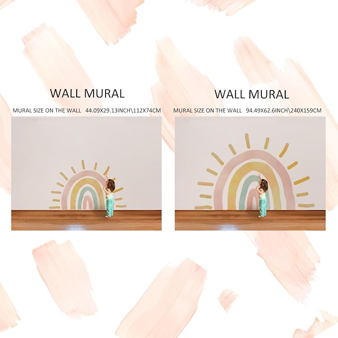 Large Fabric Watercolor Boho Half Sun Wall Decals Peel and Stick, Rainbow Wall Murals Stickers, Pastel Sunrise Wall Art Decor for Kids Room Playroom Nursery Bedroom, 94.49" x 62.60"
