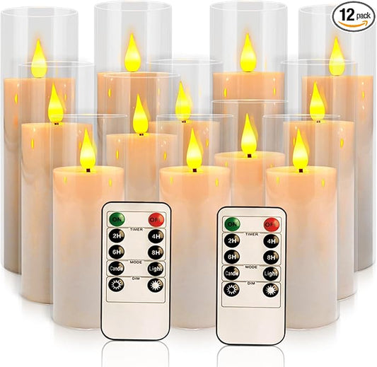 12-Pack White Acrylic Flameless LED Candle Set with Timer Remote Control—Ideal for Home Decor, Valentine's Day, Weddings, and Holiday Celebrations.