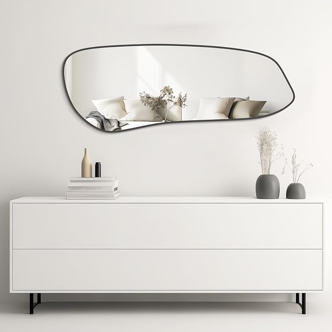 WallBeyond Irregular Wall Mirror, Asymmetrical Mirror Wall Mounted with Black Framed for Living Room, Bathroom, Bedroom, Entryway Wall Decor, 46"×18", Black