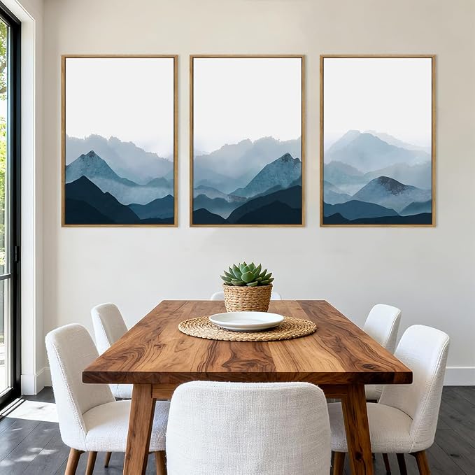 BINCUE Large Blue Mountain Wall Art Fog Blue Ridge Mountains Artwork Framed Minimalist Mountains Wall Decor Simple Mountain Pictures Landscape Artwork for Living Room Bedroom Office Farmhouse 24x36 Inch 3 Piece