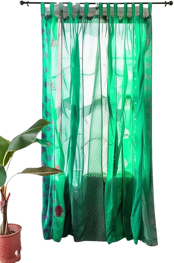 Assorted Sari Colorful Curtains Light-Filtering – Boho Curtains, Bed Canopy Panel, Tapestry or Window Treatment (Rama Green)