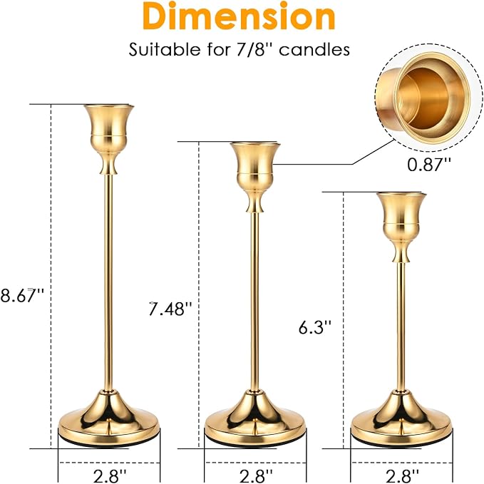 Brass Gold Candle Holders Set of 12, Metal Taper Candlestick Holders in 3 Heights - Vintage Candle Stick Holder Brass Decor - Candle Holder Centerpieces for Wedding Table Home Christmas Decoration