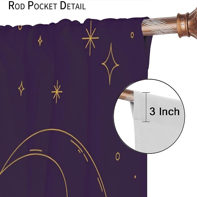 Golden Sun Moon Stars Art Blackout Curtains, Abstract Bohemian Universe Starry Sky Galaxy Window Drapes, for Bedroom Living Room 72" W X 63" L