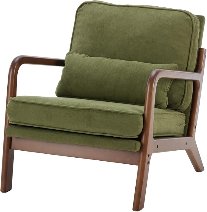 DUMOS Mid Century Modern Accent Chair, Upholstered Low Armchair with Lumbar Pillow and Solid Wooden Frame, Lounge Chair for Small Living Room, Bedroom, Reading Nook, Green