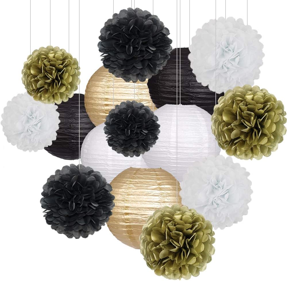 Black Gold Party Decorations, Black Gold Paper Lanterns and Pom Poms Flowers for Birthday Party Graduation Masquerade New Years Party Decor 15PCS