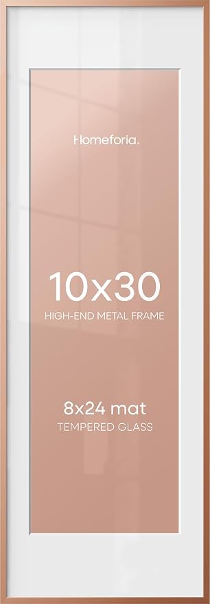 Homeforia 10x30 Rose Gold Picture Frame, High End Metal 10by30 Poster Frames with Mat 8x24 Photo, 10 x 30 Rose Frames Matted to 8 x 24 Print, 30x10 Panoramic Frames, Tempered Glass, Wall Kit, Set of 1