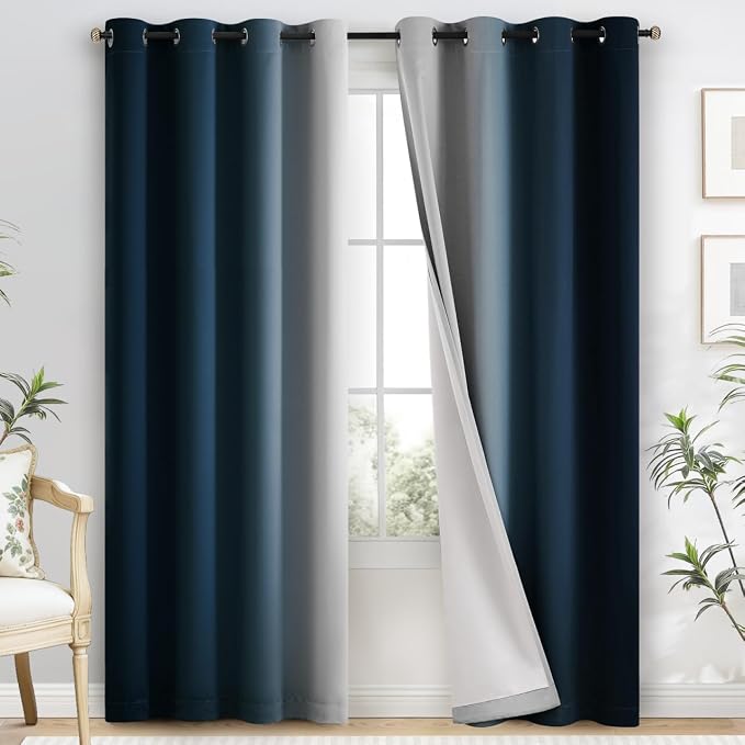 Yakamok 100% Blackout Curtains Ombre Navy Blue Curtains for Bedroom 84 Inch | 2 Layers,Room Darkening Grommet Gradient Drapes,Light Blocking Thermal Insulated Window Curtains for Living Room 52W x 84 L