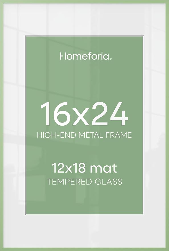 Homeforia 16x24 Sage Green Picture Frame, High End Metal 16x24 Poster Frames with Mat 12x18 inch Photo, 16 x 24 Sage Green Frame Matted to 12 by 18 Art, 24x16 Frame, Tempered Glass, Wall Kit, Set of 2