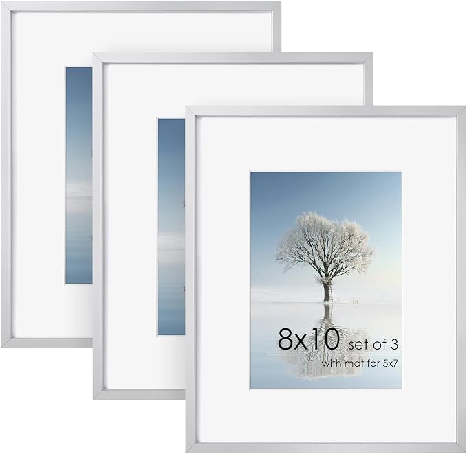 FLYJOE 8x10 Picture Frame - 8 by 10 Metal Picture Frame With Mat | 8 x 10 Aluminum Photo Frame | Plexiglass And Hanging Hardware Included | 8x10 Gold Frame | Set of 3, Silver