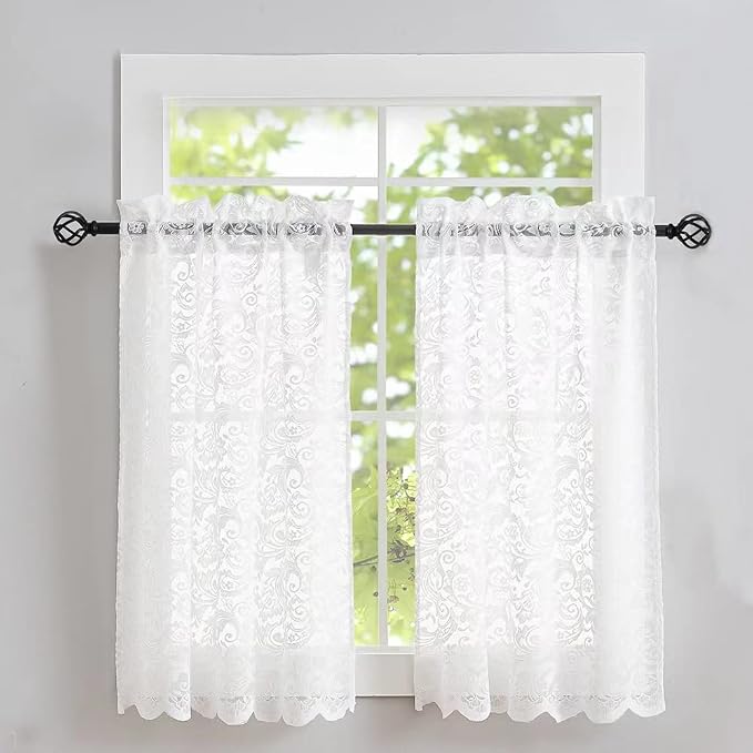 ALIGOGO Lace Kitchen Curtains 36 inches Length 2 Panels - Retro White Kitchen Window Curtains Over Sink Lace Curtain Short for Small Window Bathroom Window Cabinet Laundry Room Decor 26W x 36L