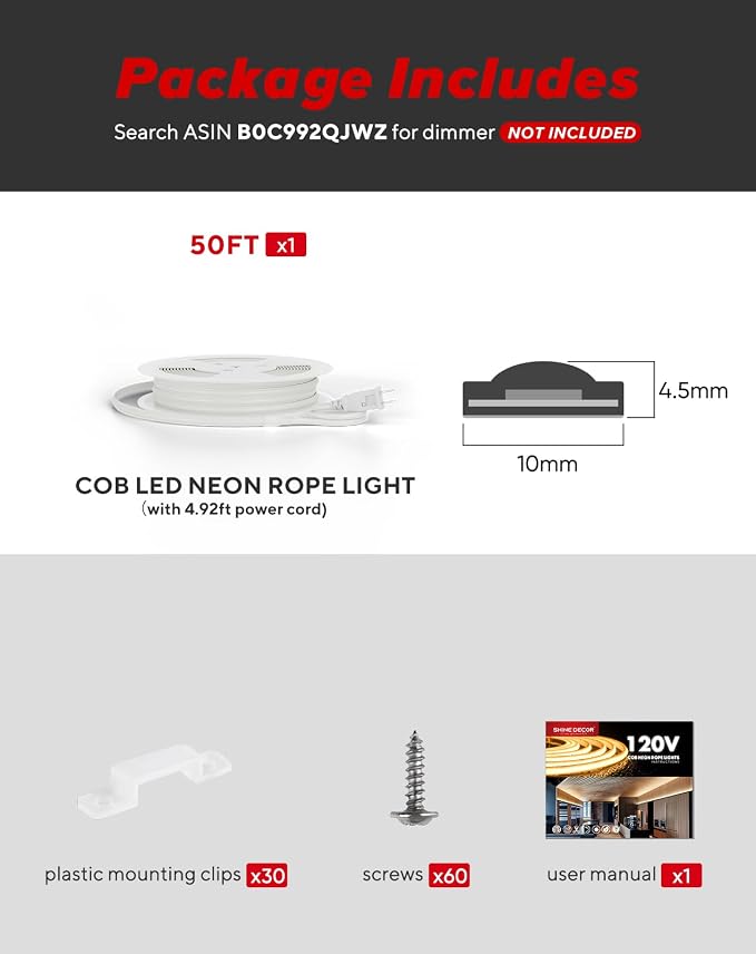 Shine Decor COB LED Rope Light AC 120V, 800lm Ultra Bright, IP65 Waterproof Cold-Resistant ETL Neon Strip, No Driver Tape Lighting for Home Commercial 10x4.5mm, 2800K Warm White, 50ft