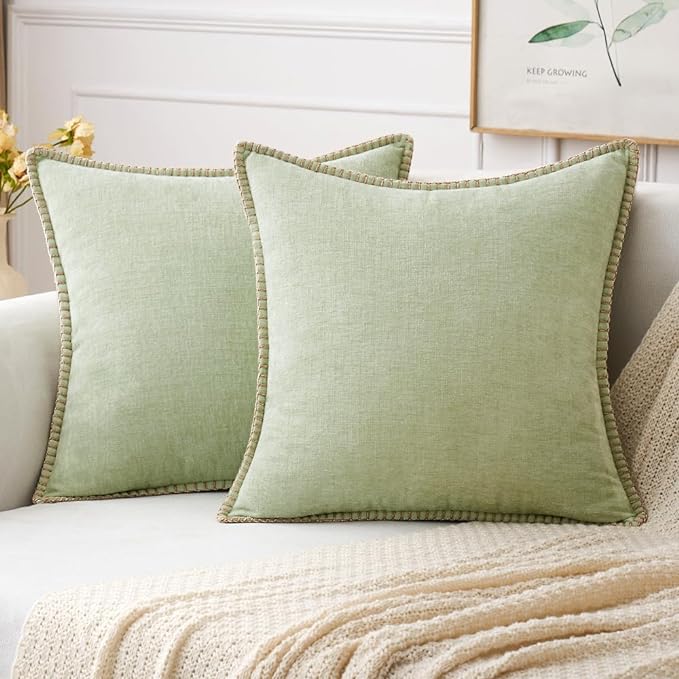 MIULEE Pack of 2 Summer Throw Pillow Covers 18x18 Inch Light Green Farmhouse Decorative Pillow Covers with Stitched Edge Soft Chenille Solid Dyed Pillow Covers for Couch Sofa Bed Living Room