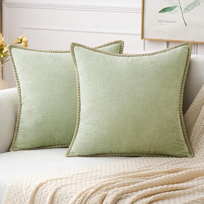 MIULEE Pack of 2 Summer Throw Pillow Covers 16x16 Inch Light Green Farmhouse Decorative Pillow Covers with Stitched Edge Soft Chenille Solid Dyed Pillow Covers for Couch Sofa Bed Living Room