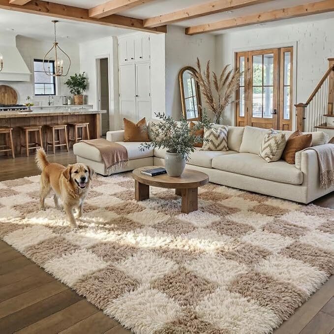 PureCozy Beige 5x8 Area Rugs for Living Room Soft Shag Checkered Large Rug Modern Washable Indoor Office Fuzzy Carpet Non-Slip Fluffy Rugs for Bedroom Nursery Dorm Playroom Home Aesthetic Decor