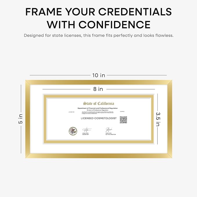 Homeforia 5x10 Business License Frame Gold, High End Metal 5 x 10 Document Certificate Frames with Mat 4x9, 5by10 Professional License Frame for Wall or Tabletop, Tempered Glass, Wall Kit, Set of 2