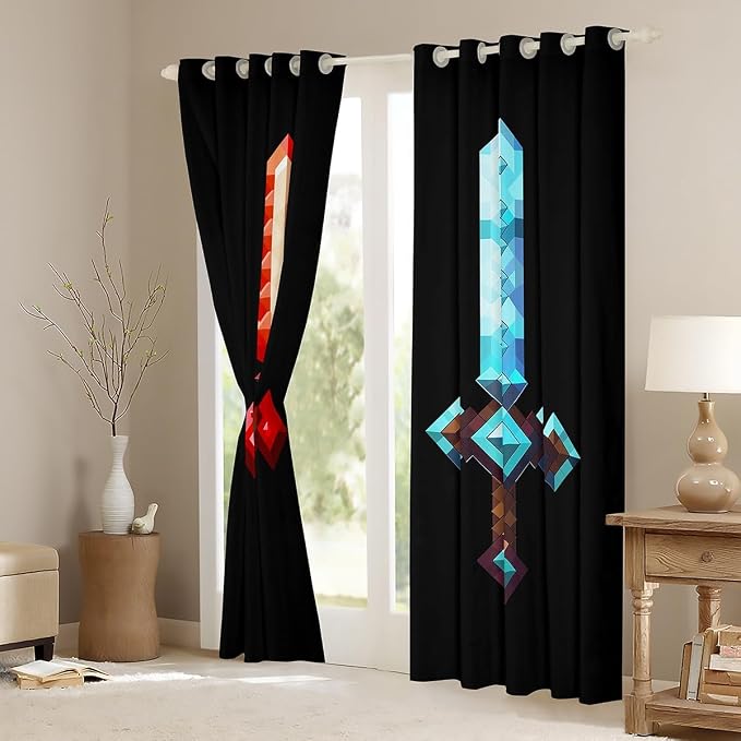 Castle Fairy Red Blue Sword Window Curtain,Sandbox Building Games Living Room Decor Curtains,Boys Teens Pixelated Style Swords Window Treatment Fashion Black Blackout Drapes 2 Panels,52Wx63L