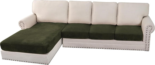 H.VERSAILTEX Velvet Stretch Sectional Couch Covers 4 Pieces Sofa Seat Cushion Covers L Shape Separate Couch Cover for Both Left/Right Sectional Couch (Large Sofa 3 Seater + 1 Chaise, Olive)