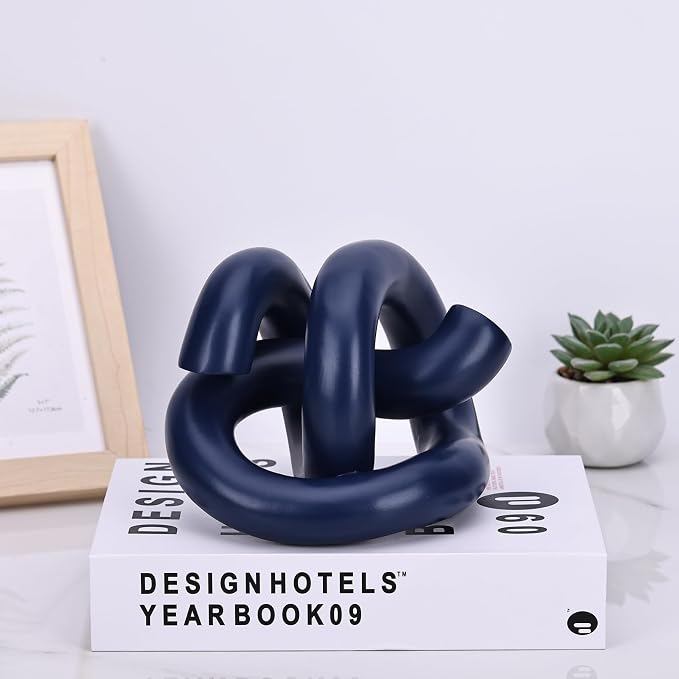 Funky Abstract Blue Knot Knick Knacks - Navy Blue Accent Decor for Coffee Table & Tv Stand, Modern Geometric Sculpture Scandinavian Minimalist Home Statue Decorative Objects Entryway Bookcase Book