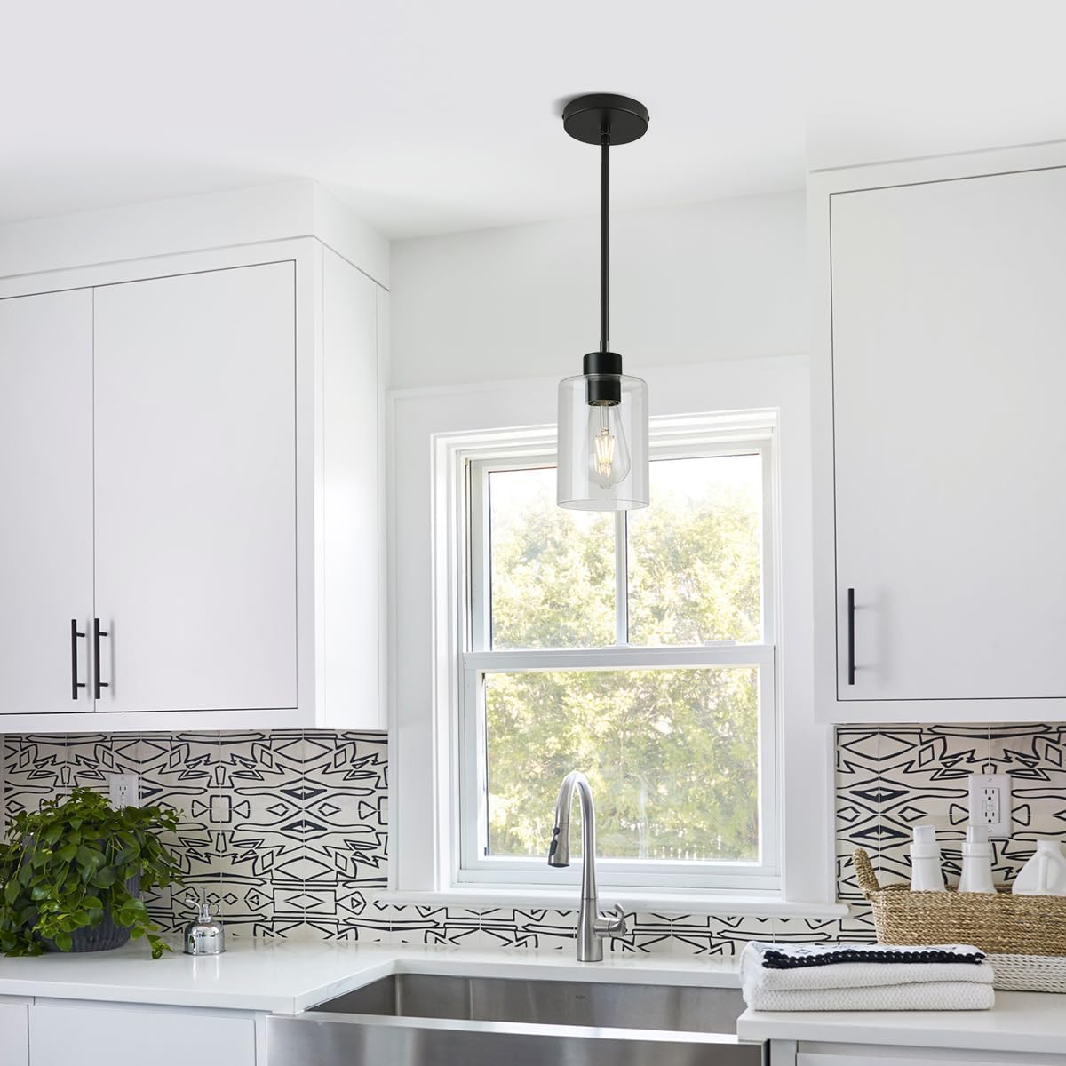 Black Pendant Lights Kitchen Island,Modern Farmhouse Glass Pendant Light,Light Fixture Kitchen Pendant Mini Hanging Light Fixture for Sink (1 Pack Black stem Rod)