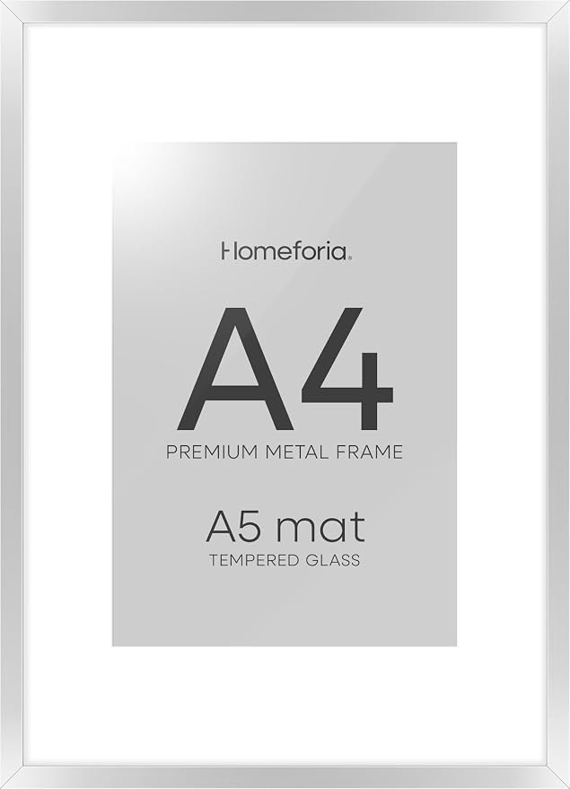 Homeforia A4 Picture Frame Silver, High End Metal 8.3 x 11.7 inch Silver Poster Frames with Mat 5.8 by 8.3 Art, A4 Frame Matted to A5 Photo, 8.3x11.7 Wall or Tabletop Frames, Tempered Glass, Set of 3