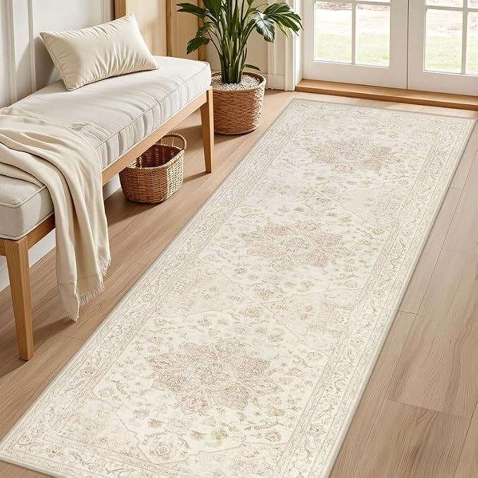 2'6''x8' Hallway Washable Runner Rug: Vintage Boho Neutral Kitchen Rug Soft Small Area Rug Indoor Floor Non-Slip Low Pile Carpet for Farmhouse Entryway Laundry Bathroom Bedroom Beside Rugs Beige White