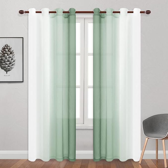 DWCN Light Sage Faux Linen Ombre Sheer Curtains - Gradient Semi Voile Curtains for Bedroom and Living Room, Set of 2 Grommet Top Window Curtain Panels, 52 Wide by 90 Inches Long, Light Sage