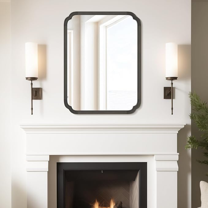 WallBeyond 28" x 40" Rounded Corner Arch Wall Mirror with Wood Frame for Entryway, Living Room or Bedroom Home Decor - Light Woodgrain [28 x 40 inches, Black]