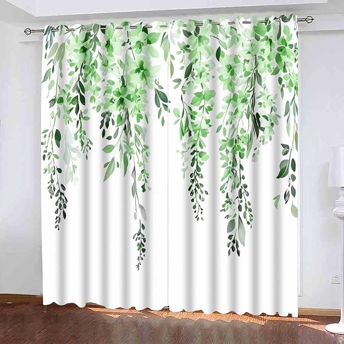 Green Watercolor Floral Curtains, 42x84 inch, 2 Panels | Botanical Leaves Vine Flowers, Rustic Farmhouse, Blackout Window Treatment, For Bedroom Living Room