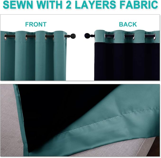NICETOWN 100% Blackout Curtains 45 inches Long, Sea Teal, 1 Pair, 42 inches Width Each Panel, 2 Thick Layers Completely Blackout Window Treatment Thermal Insulated Lined Drapes for Small Window