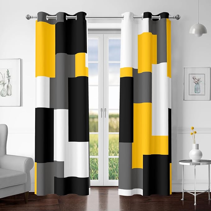 Tyrot Yellow 100% Blackout Curtains for Bedroom 72 inch Length 2 Panels Set White Grey Modern Abstract Geometric Black Out Curtains Insulated Room Darkening Window Drapes for Living Room, 42Wx72L