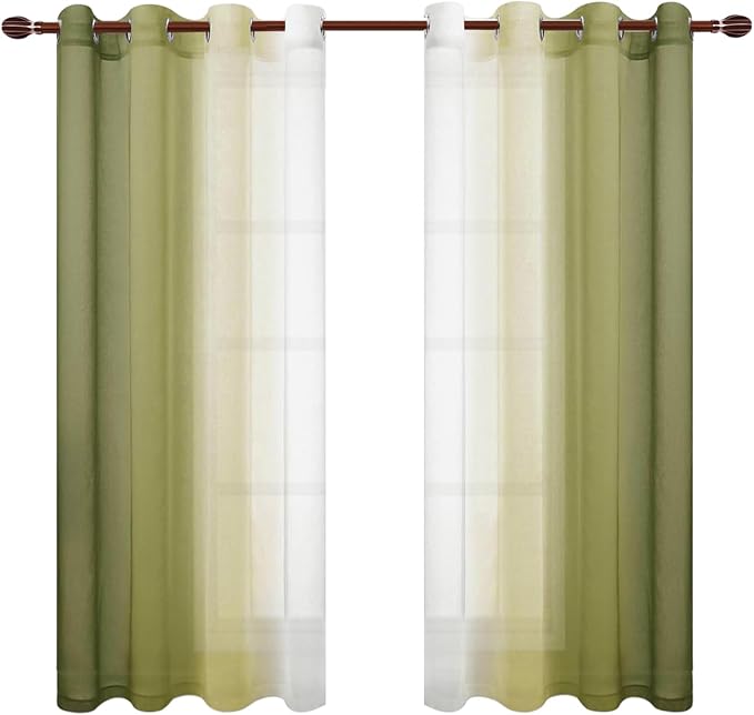 DWCN Ombre Sheer Curtains - Faux Linen Gradient Semi Voile Grommet Top Bedroom and Living Room Curtains, Set of 2 Window Curtain Panels, 52 x 63 Inch Length, Olive Green