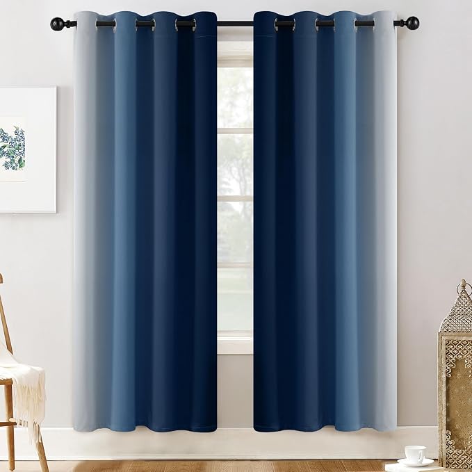 Yakamok 72 Inch Length Light Blocking Grommet Window Drapes,Blue and Greyish White Room Darkening Gradient Color Curtains for Bedroom(52x72 Inch, Set of 2) | Room Darkening Curtains 72,Thermal Insulated Gradient Color Drape,Light Blocking Grommet Windo...