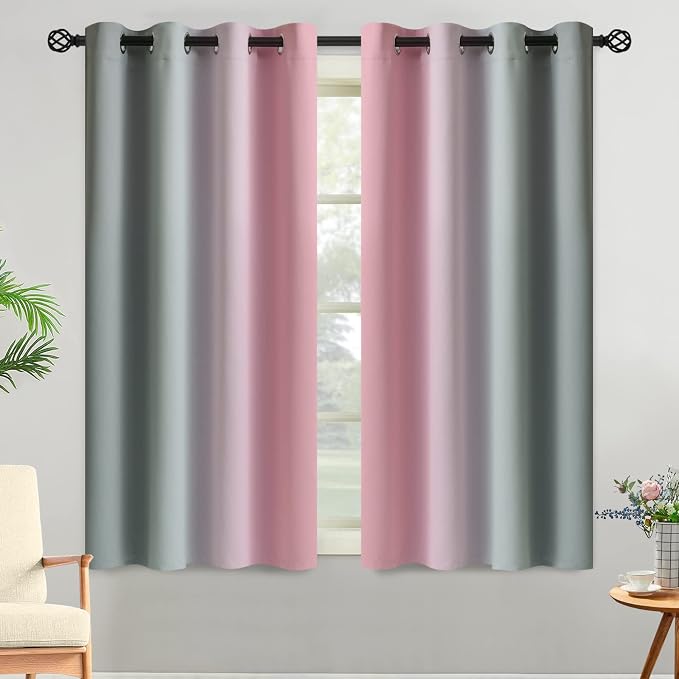 Yakamok Pink and Grey Blackout Curtains, Ombre Full Room Darkening Window Curtains for Living Room,Grommet Thermal Insulated Drapes,Light Blocking Curtains for Girls Bedroom,52x54 Inch, 2 Panels