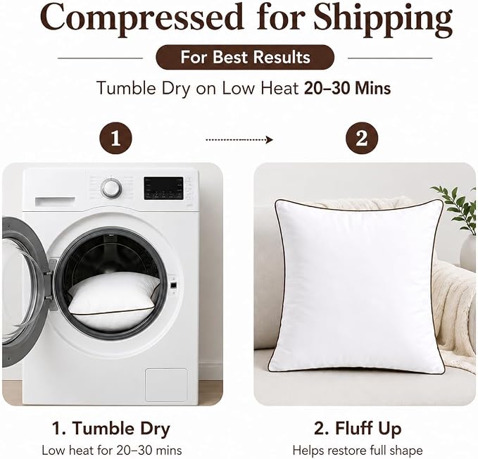 18 x 18 Inch Throw Pillow Inserts Set of 4 – Square White Cushion Forms with Brown Piping, 500g Filled for Decorative Pillow Covers
