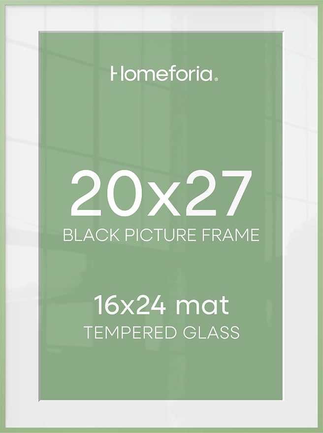 Homeforia 20x27 Picture Frame Sage Green, High End Metal 20x27 Poster Frames with Mat 16x24 Photo, 20 x 27 Sage Green Frame Matted to 16 by 24 Art, 27x20 Thin Frame, Tempered Glass, Wall Kit, Set of 2