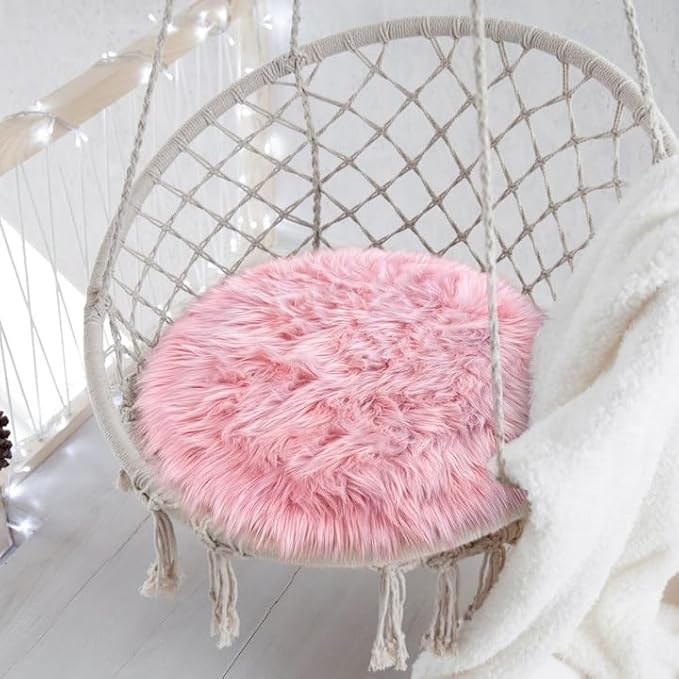 15.7 Inches Mini Pink Round Faux Fur Sheepskin Area Rug, Fluffy Small Circle Rugs Cushion for Chair, Furry Carpet for Nail Desk, Shaggy Circular Rug Plush Rug