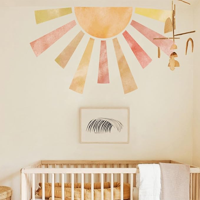 Large Fabric Watercolor Boho Half Sun Wall Decal Peel and Stick, Pastel Sunrise Backdrop Murals Stickers, Sunshine Wall Art Decor for Kids Room Playroom Nursery Bedroom, 48.03" x 28.74"