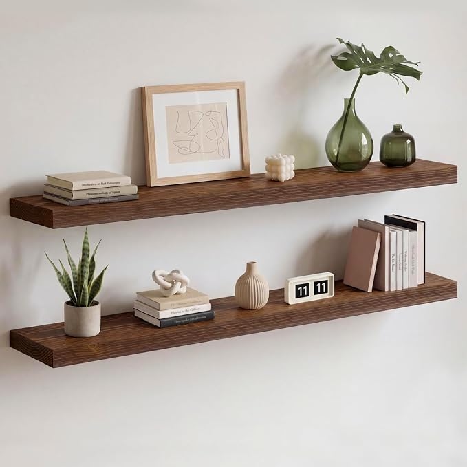 Homeforia Classic Walnut 42 inch Floating Shelf, High End Solid Real Wood Small 42inch Floating Shelves for Wall Mounted, 42in Floating Shelves, Heavy Duty Bracket, 42 X 6.5 X 1.75 inches, Set of 2