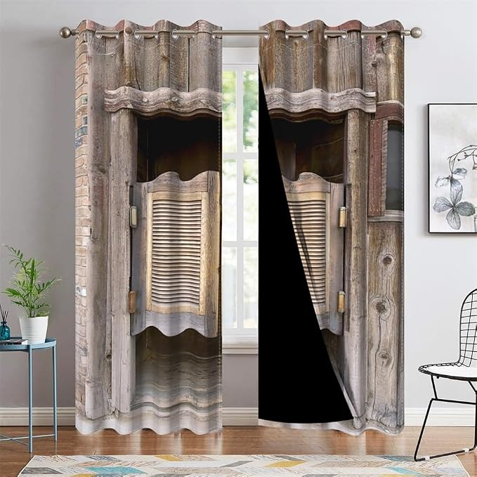 Rustic Curtains Antique Old Wooden Barn Door Window Curtains Vintage Wood Plank Aged Door Garage Door Abandoned Farmhouse Rural Farm Living Room Bedroom Window Drapes,26x63 inch,2 Panels