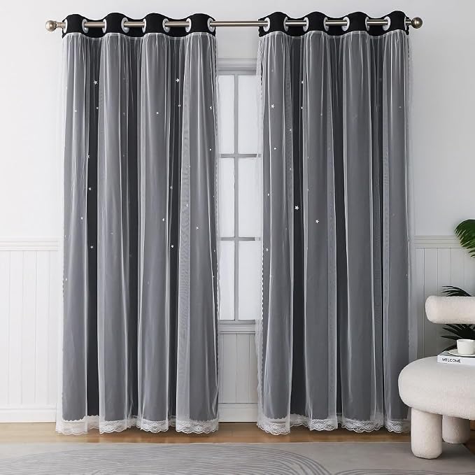 Black Curtains for Bedroom Cute Blackout Curtains 63 Inches Long Single Panel Star Cutout Double Layer Nursery Curtains & Drapes with Tulle Kids Room Decor Window Treatments 63 Inch Length