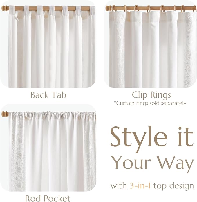 jinchan Weslie White Linen Curtains for Bedroom Vintage Floral Farmhouse Curtains 63 Inch Length Linen Boho Drapes for Living Room Embroidered Drapes Off White 2 Panels