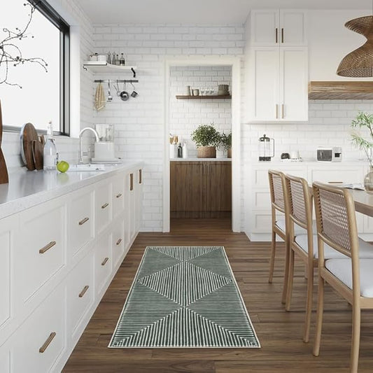 GLN Rugs Contemporary Collection - Machine Washable Area Rug, Contemporary Washable, Non Slip, Low Pile Chenille Rug, Living Room, Bedroom, Kitchen Rug (2'6" x 7' Beige Green)