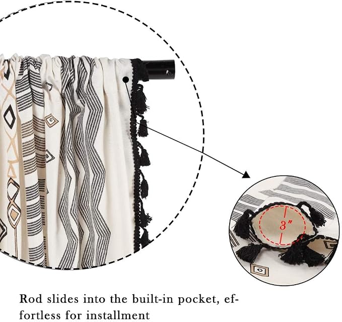 ColorBird Boho Curtains 2 Panels 90 Inches Long Patterned Print Western Aztec Light Filtering Semi-Blackout Curtain with Black Tassel Rod Pocket Window Treatment Long Drapes for Living Bedroom Closet