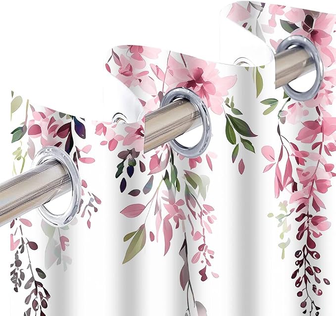 Pink Watercolor Floral Curtains, 52x84 inch, 2 Panels | Botanical Leaves Vine Flowers, Rustic Farmhouse, Blackout Window Treatment, For Bedroom Living Room