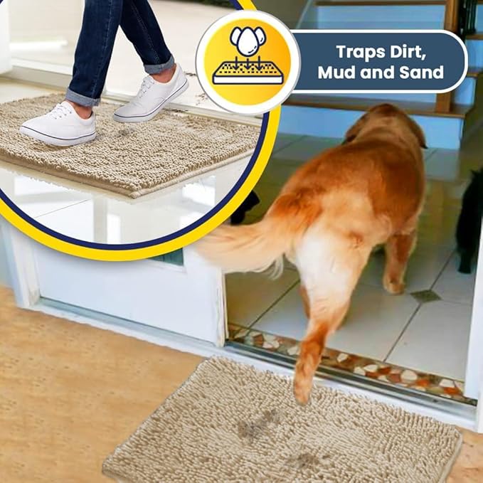 Muddy Mat® | Super Water Absorbent Door Mat Indoor, Microfiber Quick Dry Chenille Entryway Rug, Slip Resistant Front Door Mat, Indoor Mats for Entryway, Machine Washable Pet Rug, Beige 35"x24"
