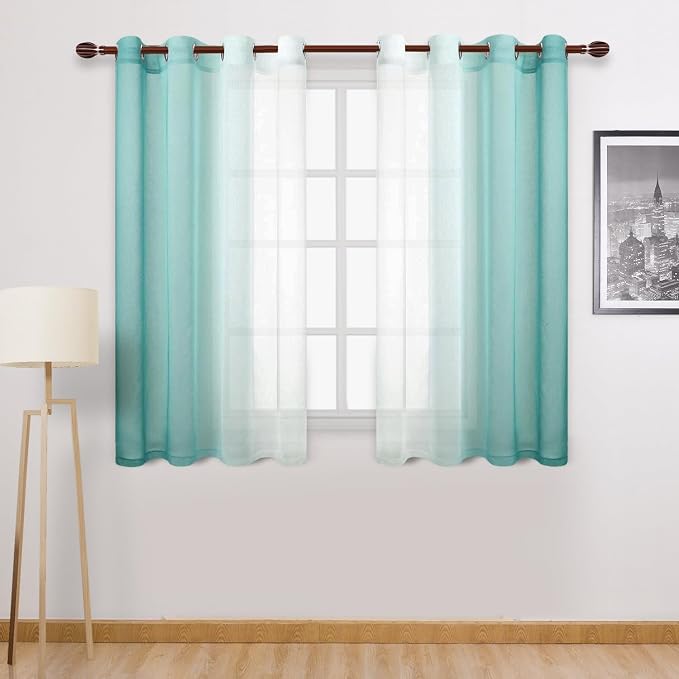 DWCN Ombre Short Sheer Curtains - Faux Linen Semi Voile Gradient Light-Filtering Bedroom and Living Room Curtains, Set of 2 Grommet Top Window Drape Panels, 52 x 45 Inch Length, Teal