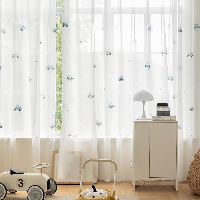 KMSG Cartoon Car Pattern Printed Sheer Curtains for Bedroom Living Room | Lovely Car Light Filtering Curtain Drapes for Playrooms Voile Tulle Window Treatments Grommet Top 1 Panel W52 x L84 Inch