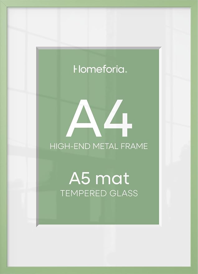 Homeforia A4 Picture Frame Sage Green, High End Metal 8.3 x 11.7 inch Poster Frames with Mat 5.8 by 8.3 Art, A4 Size Frame Matted to A5 Photo, 8.3x11.7 Wall or Tabletop Frame, Tempered Glass, Set of 1