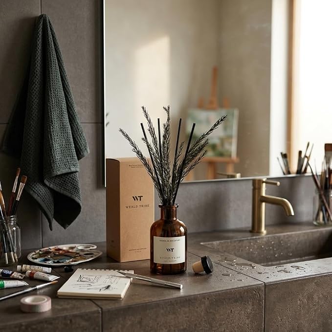 WEALD TRIBE Reed Diffuser Set for Bathroom Air Fresheners, Oil Diffuser Sticks | French Black Juniper & Cedar Scent 4.0 fl oz Home Fragrance with Sticks Defusers | House Bedroom Office Shelf Decor