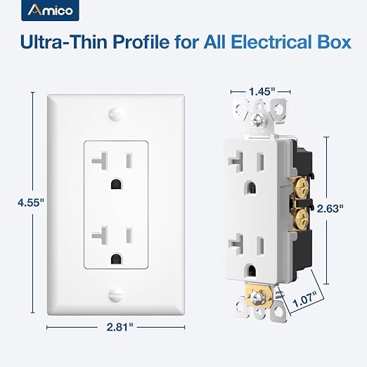 Amico Wall Outlet, UL Listed, Tamper Resistant Standard Electrical Outlet, Decorator Receptacle, Suitable for Home and Business, 125V/1875W, White, 20 Amp - Screw Wall Plate, 50 Pack